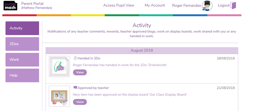 Parent Portal Activity Screen